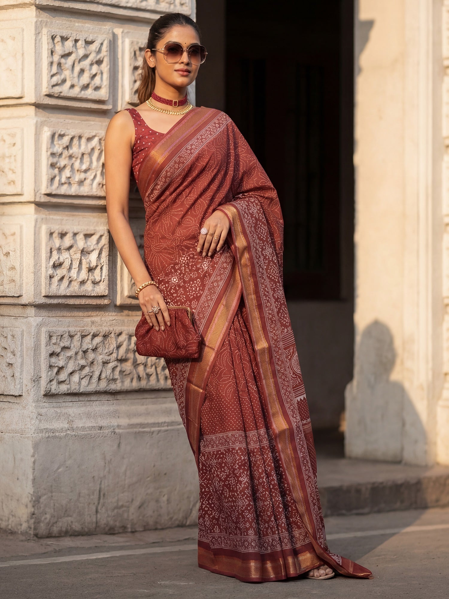 Maroon Cotton Blend Printed Saree - Ressa