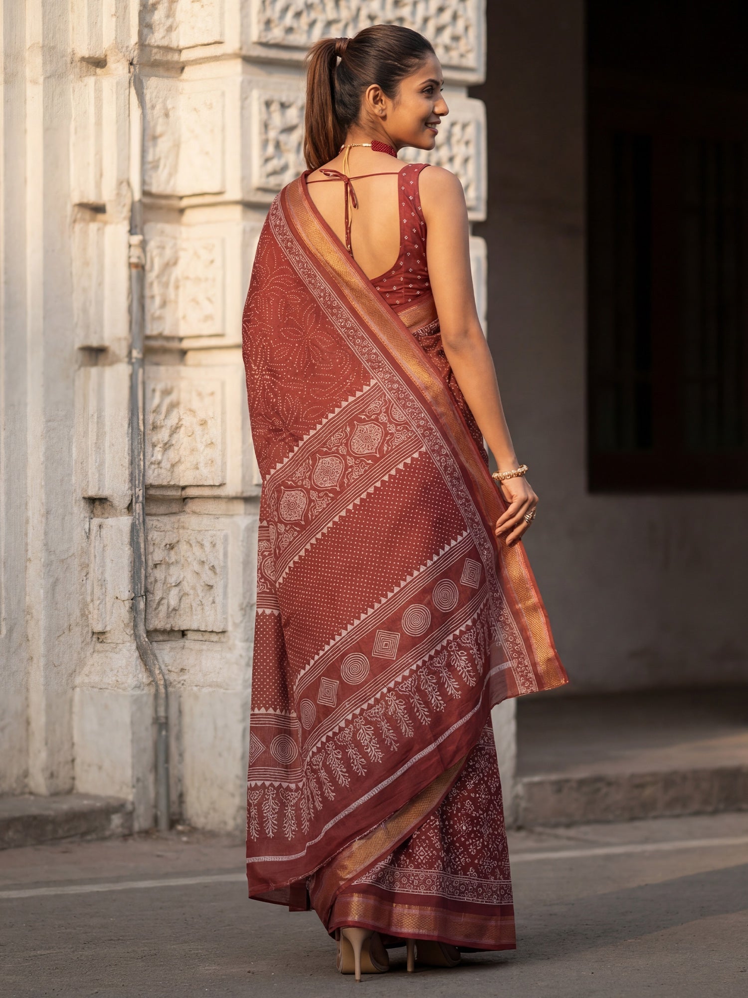 Maroon Cotton Blend Printed Saree - Ressa