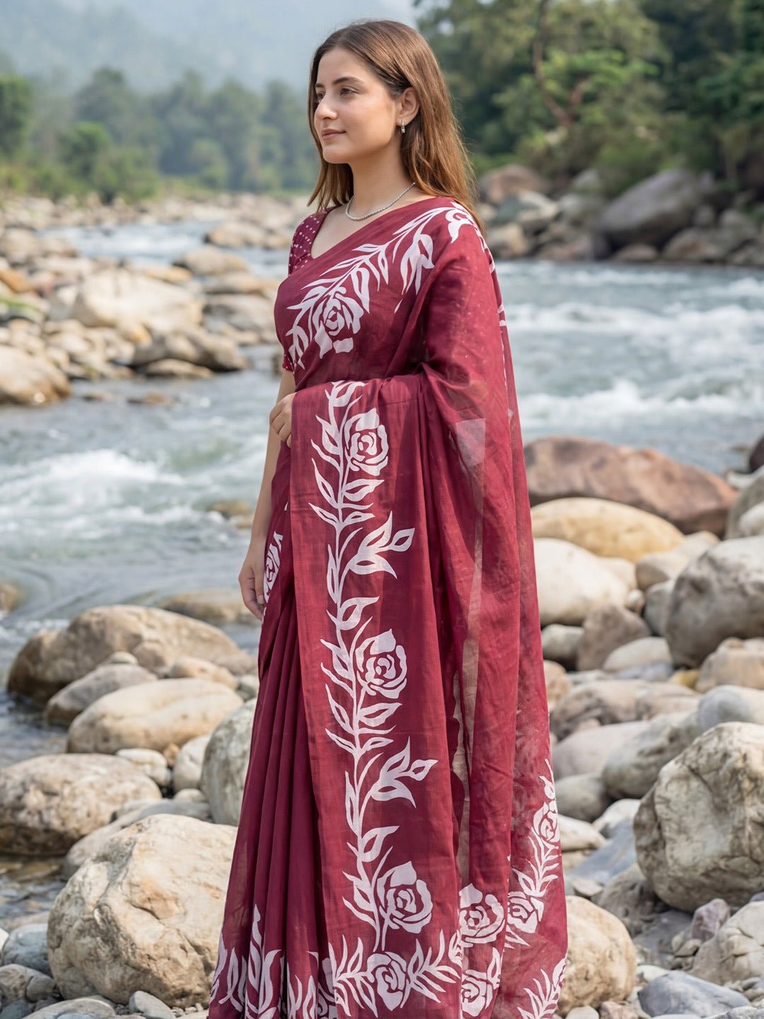 Maroon Cotton Blend Saree - Ressa