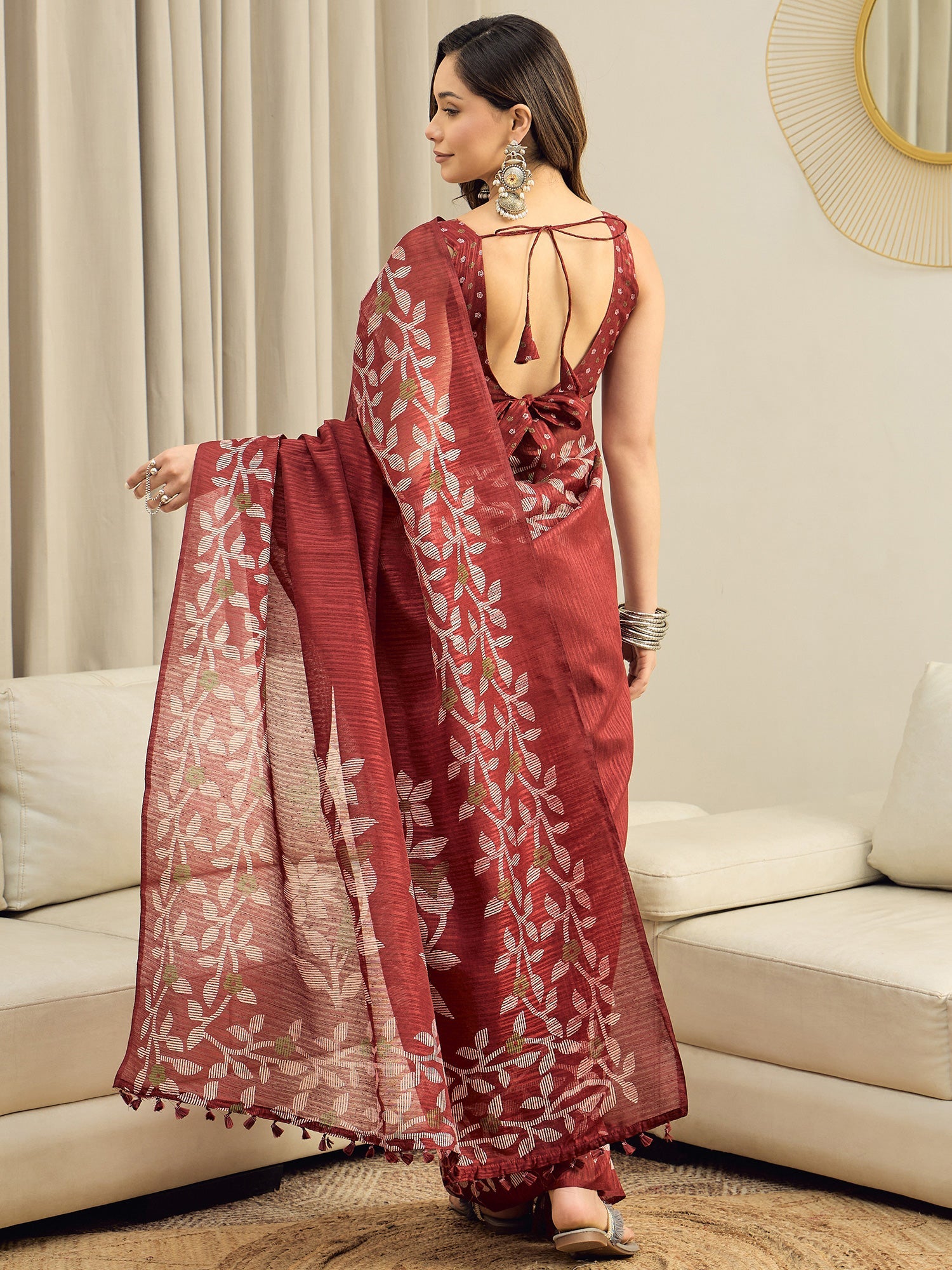 Maroon Cotton Slub Floral Printed Saree - Ressa