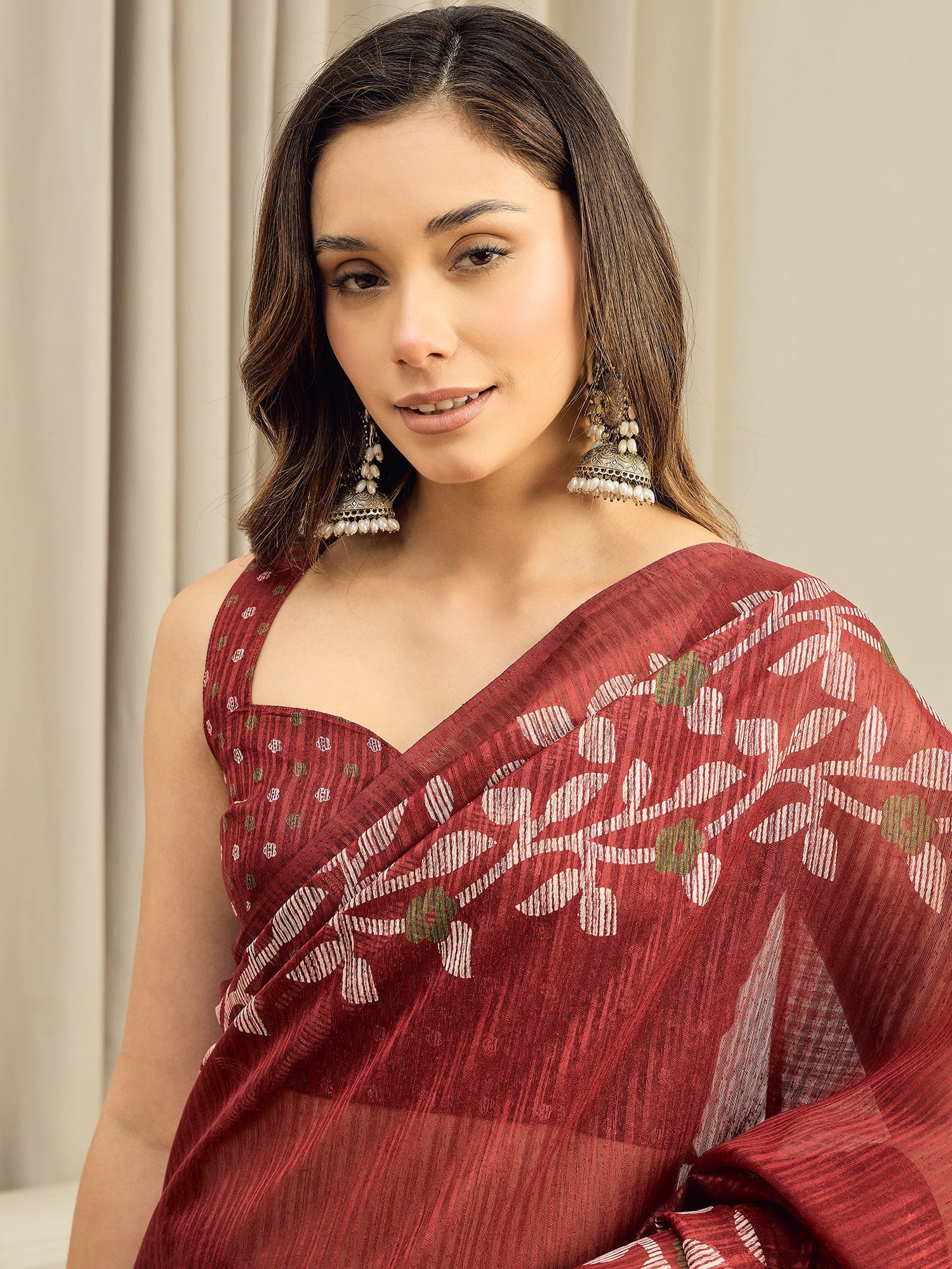 Maroon Cotton Slub Floral Printed Saree - Ressa