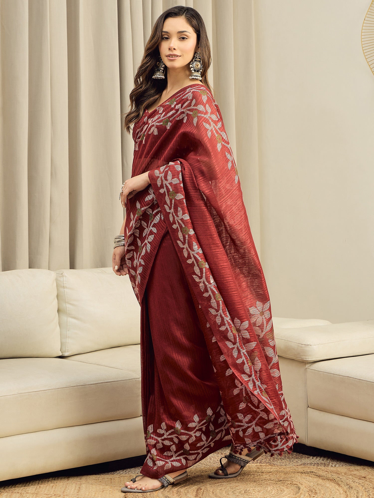 Maroon Cotton Slub Floral Printed Saree - Ressa