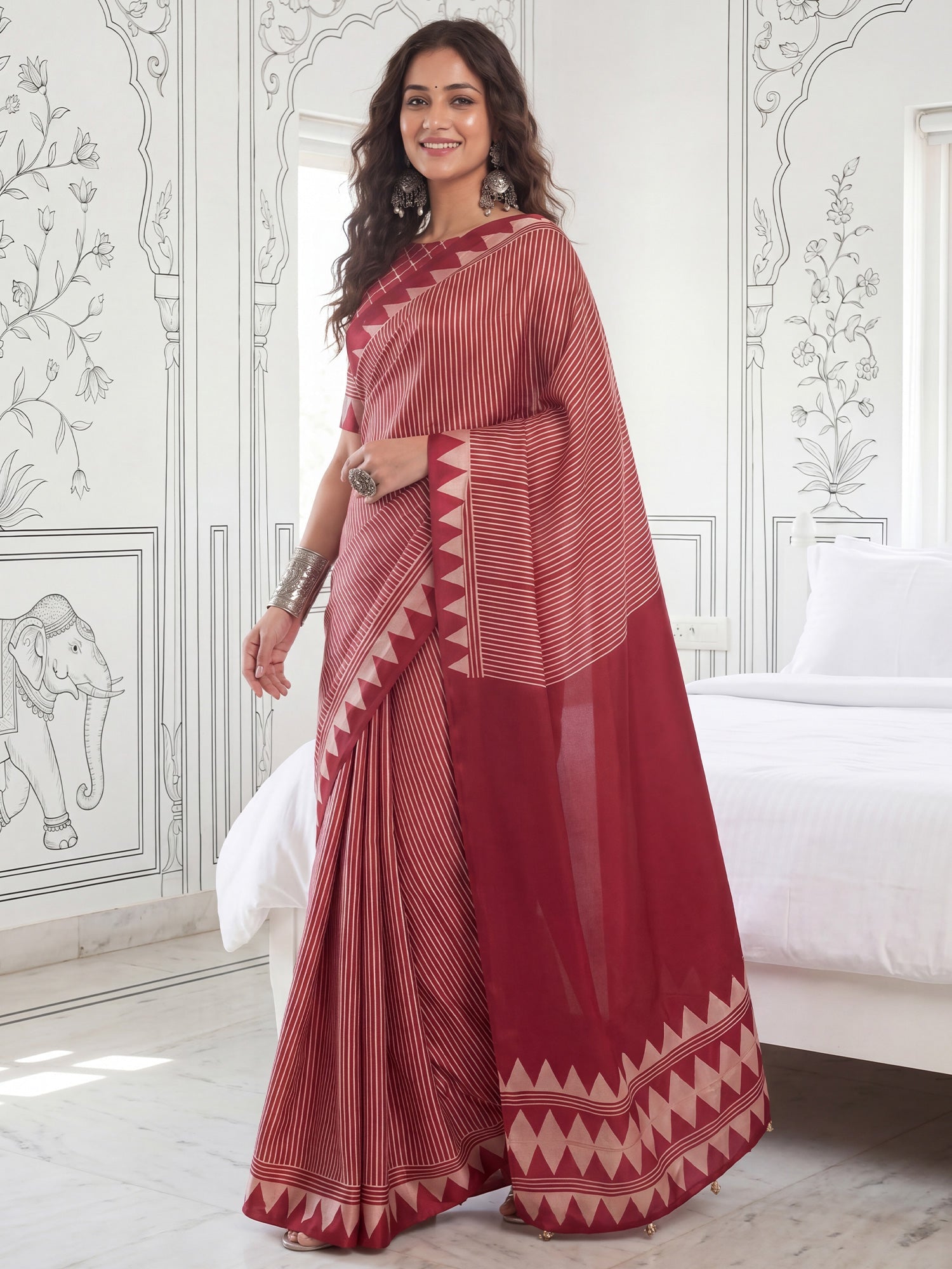 Maroon & Cream Ikat Print Saree - Ressa