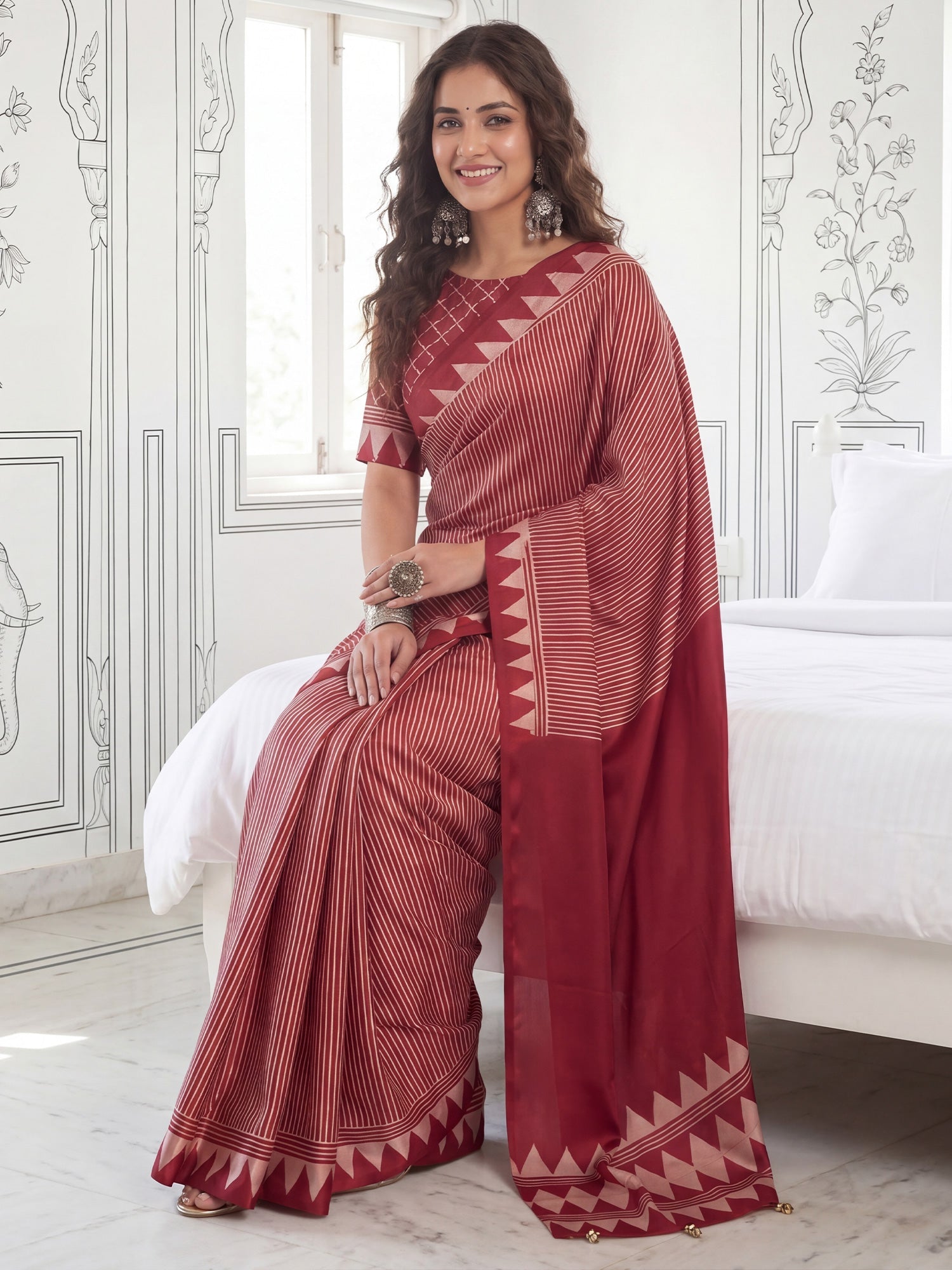 Maroon & Cream Ikat Print Saree - Ressa