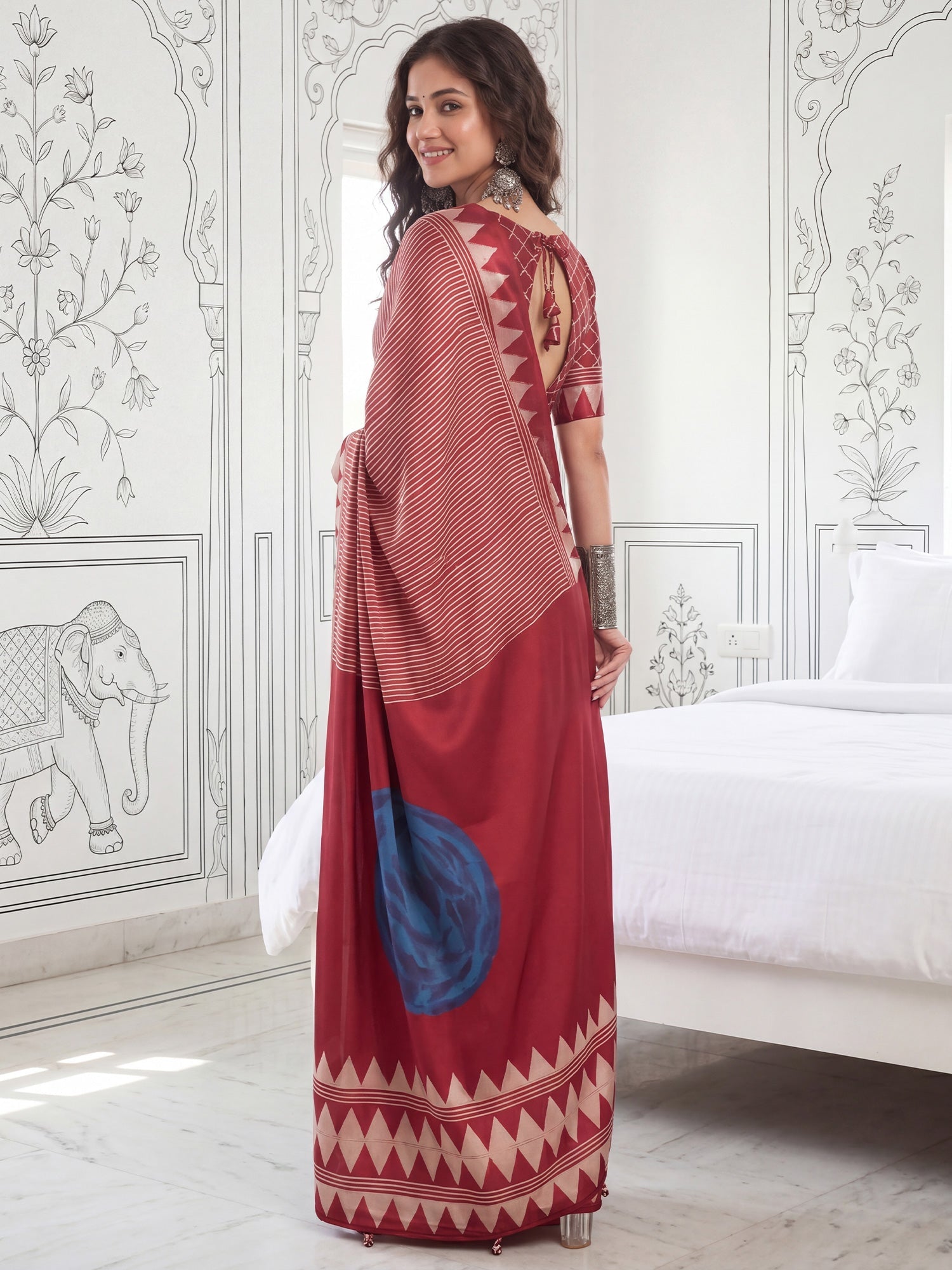 Maroon & Cream Ikat Print Saree - Ressa
