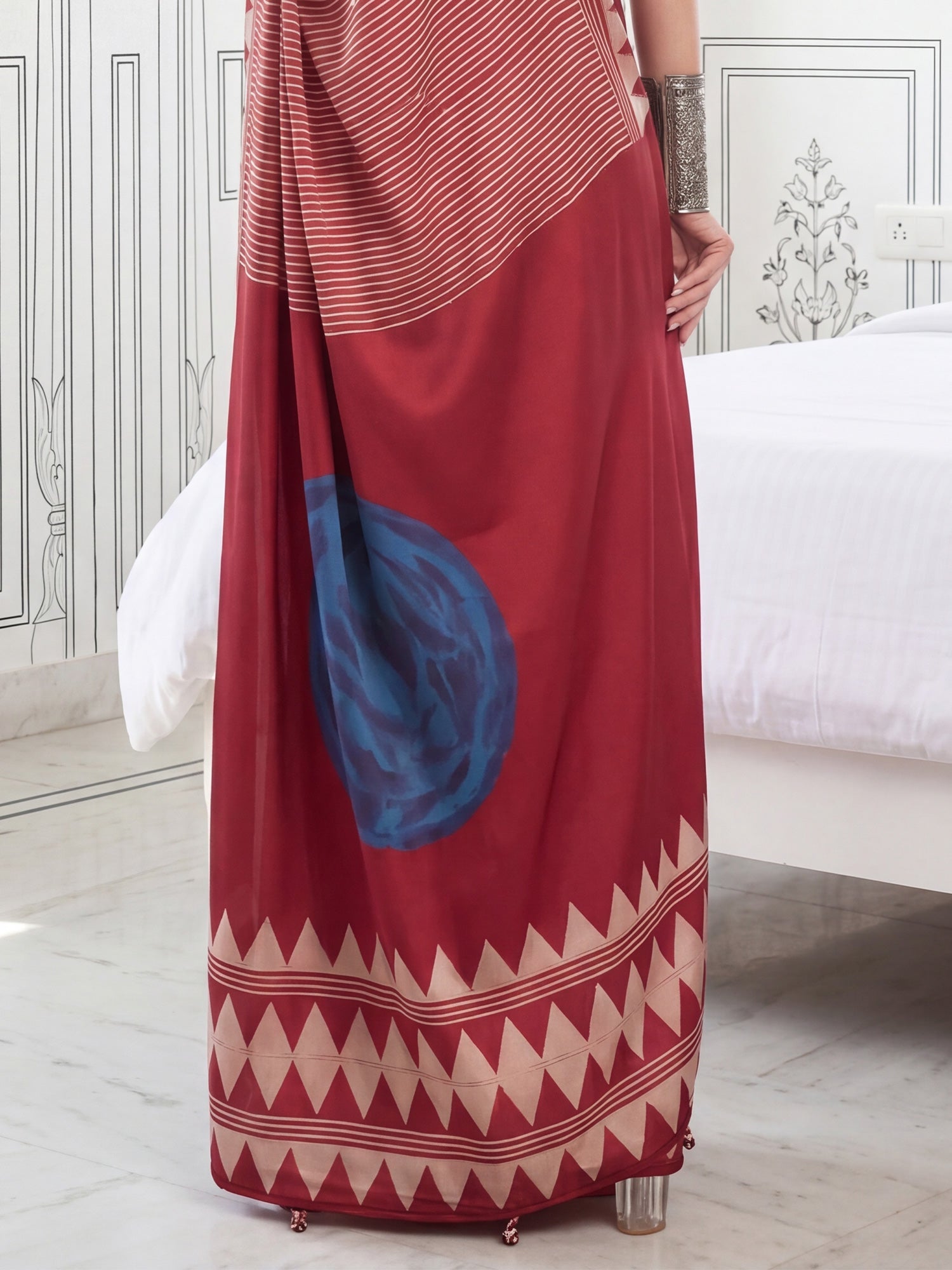 Maroon & Cream Ikat Print Saree - Ressa