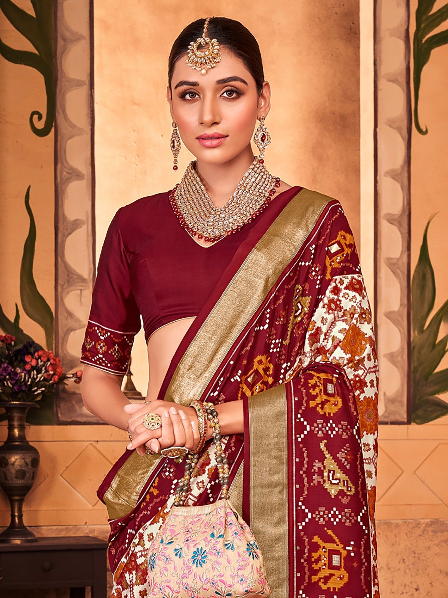 Maroon Cream Silk Patola Saree - Ressa