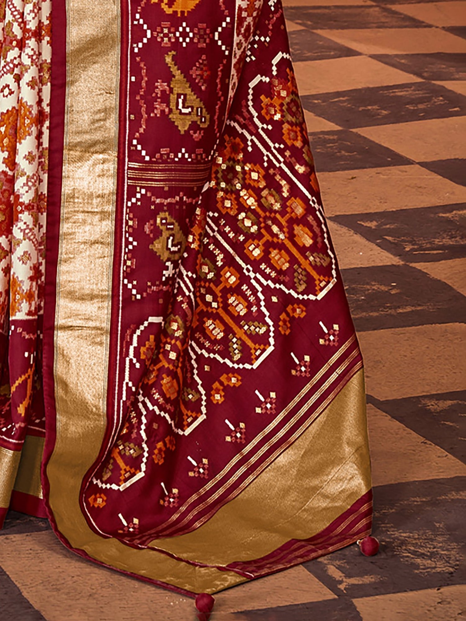 Maroon Cream Silk Patola Saree - Ressa