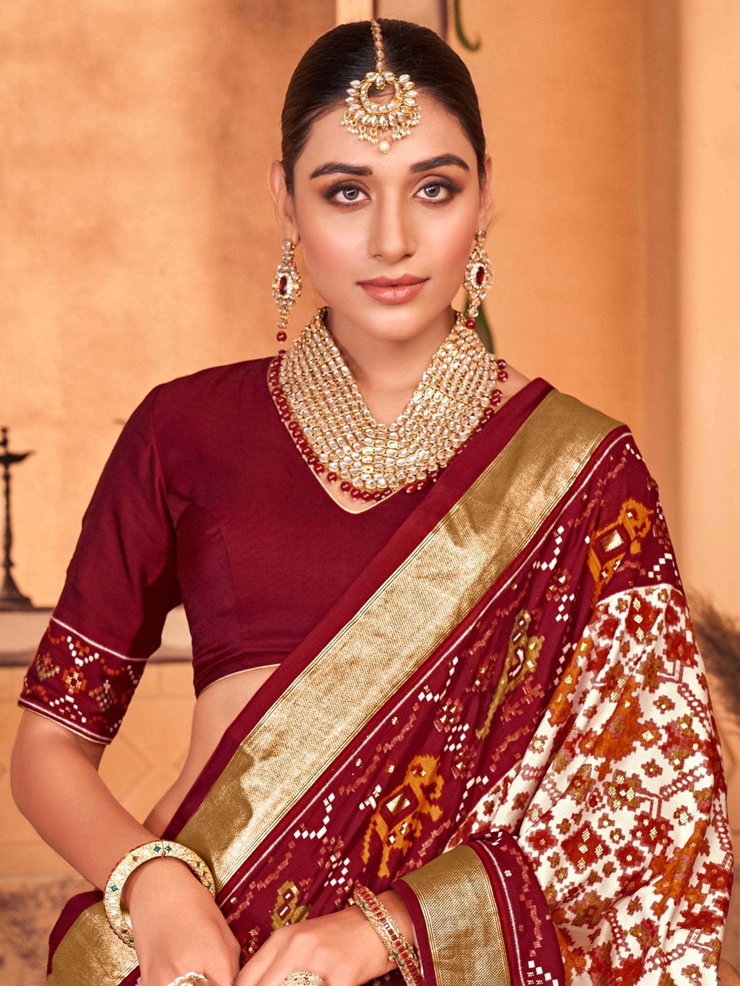 Maroon Cream Silk Patola Saree - Ressa