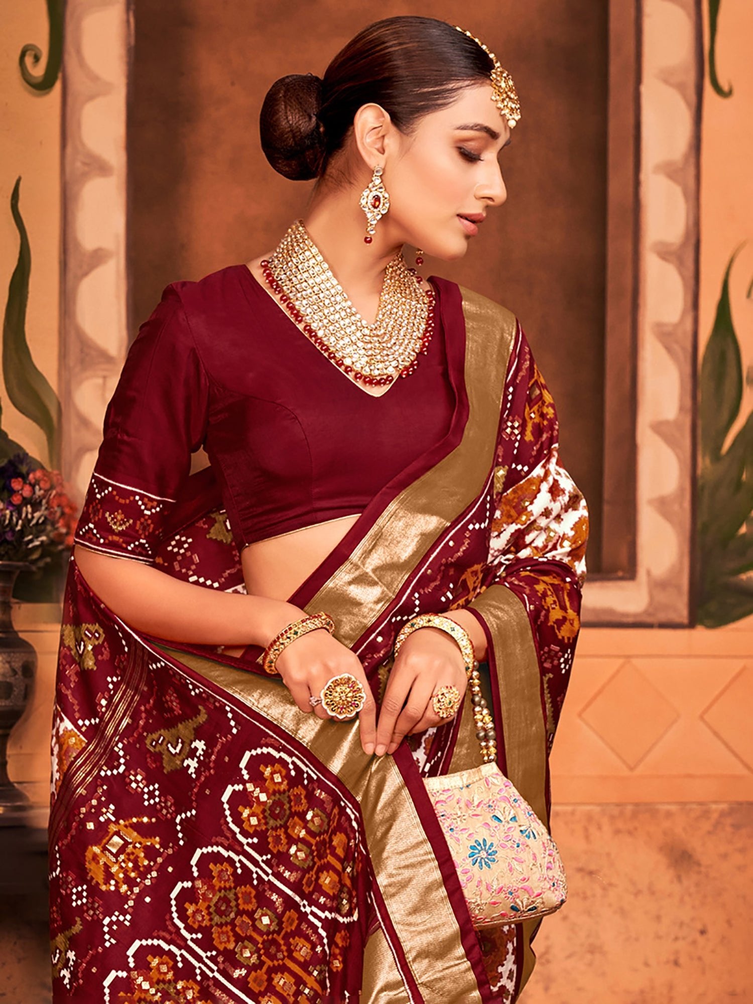 Maroon Cream Silk Patola Saree - Ressa