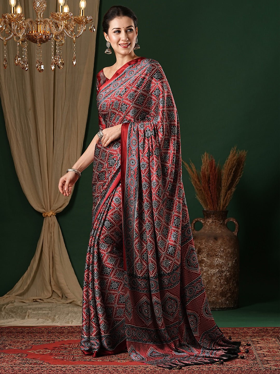 Maroon Crepe Ajrakh Block Printed Saree - Ressa