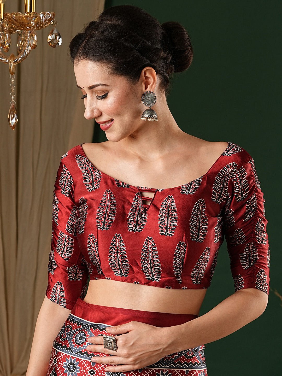 Maroon Crepe Ajrakh Block Printed Saree - Ressa