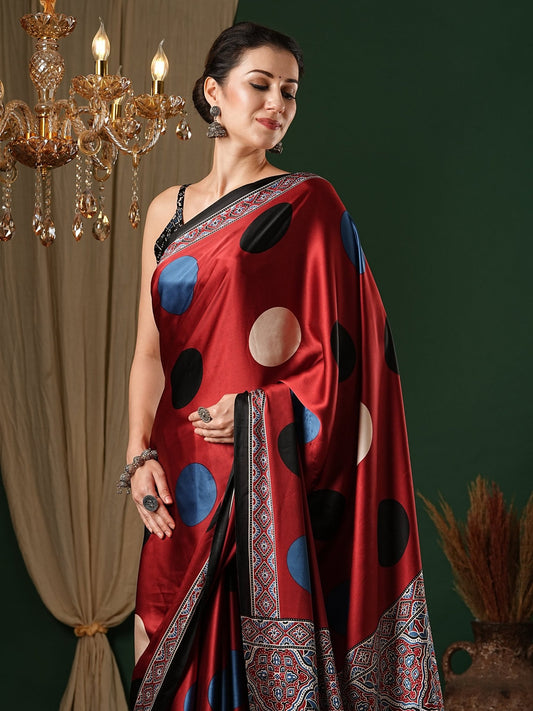 Maroon Crepe Ajrakh Block Printed Saree - Ressa