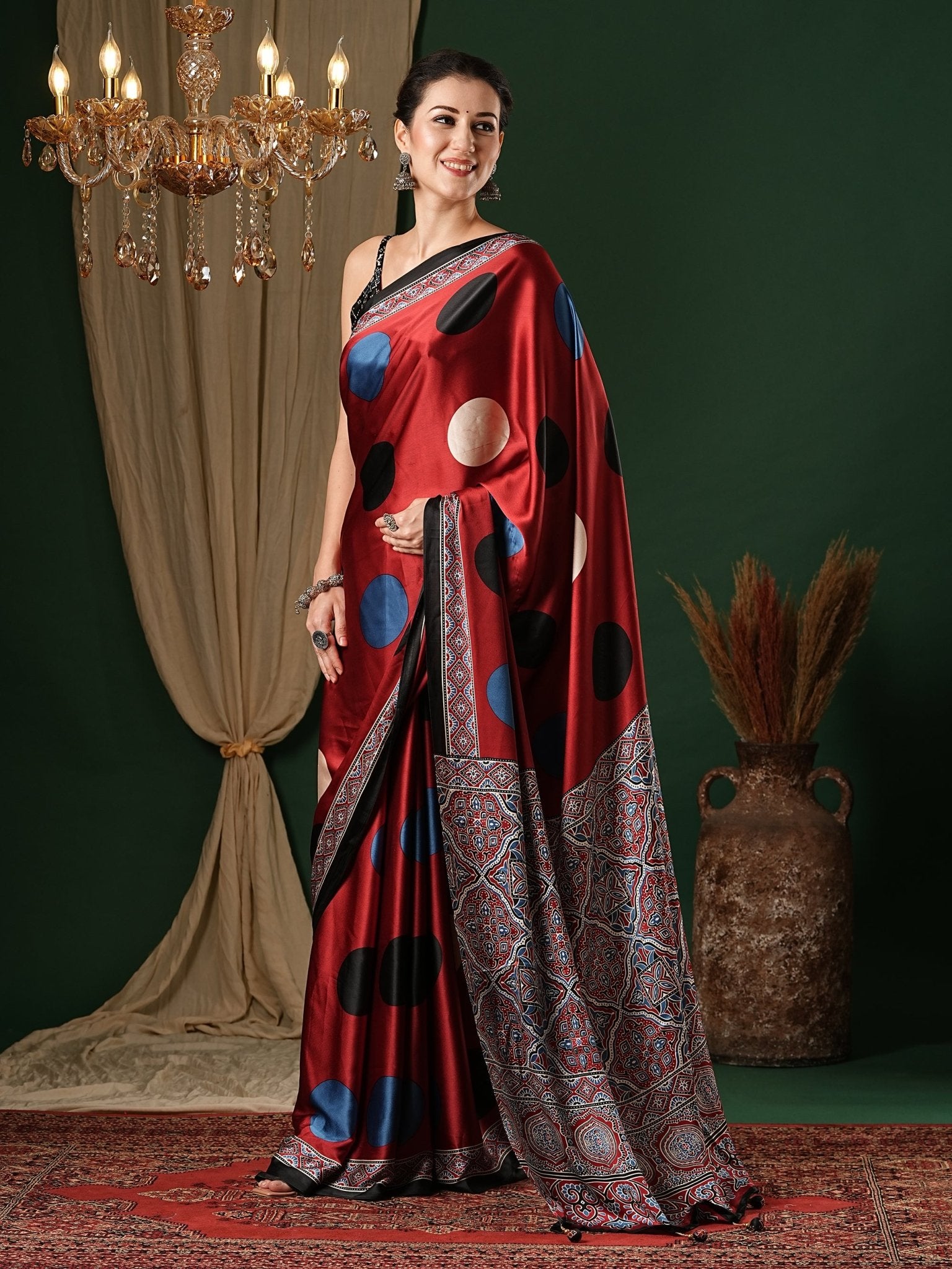 Maroon Crepe Ajrakh Block Printed Saree - Ressa