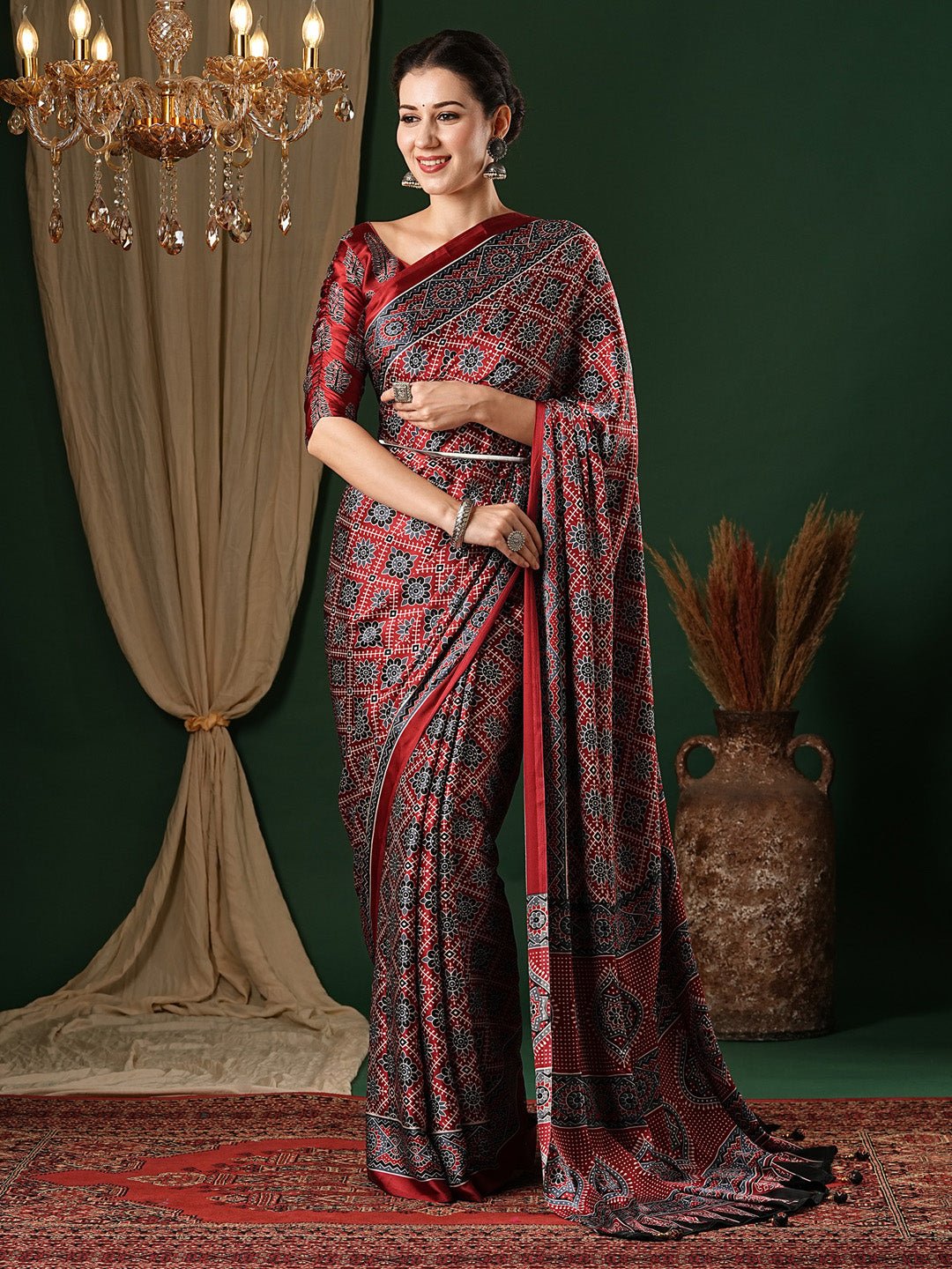 Maroon Crepe Ajrakh Block Printed Saree - Ressa