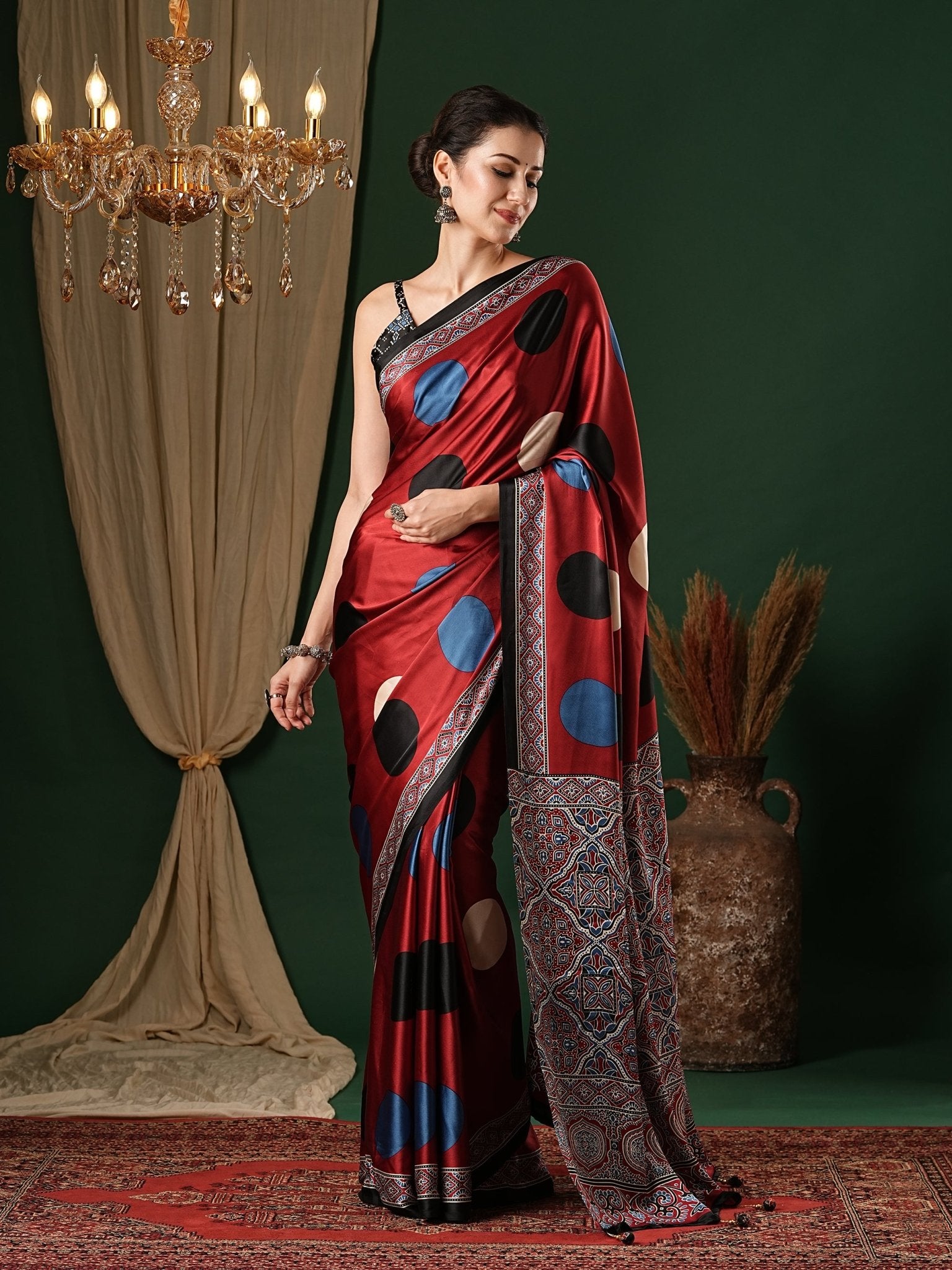 Maroon Crepe Ajrakh Block Printed Saree - Ressa