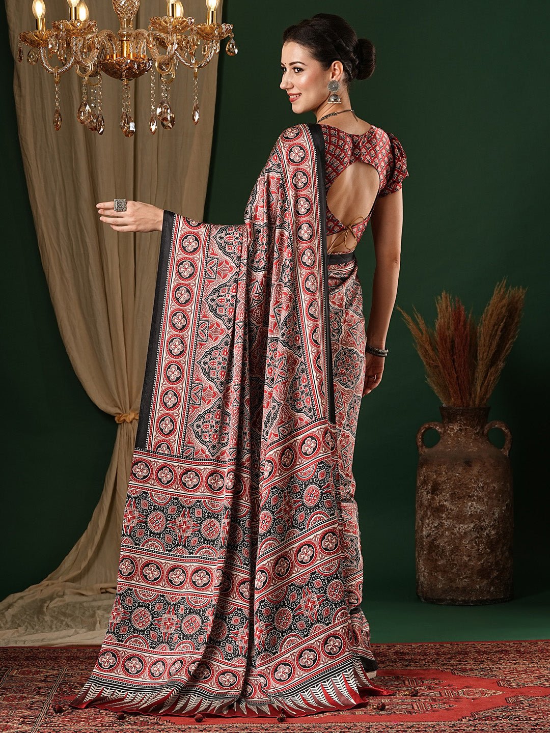 Maroon Crepe Ajrakh Block Printed Saree - Ressa