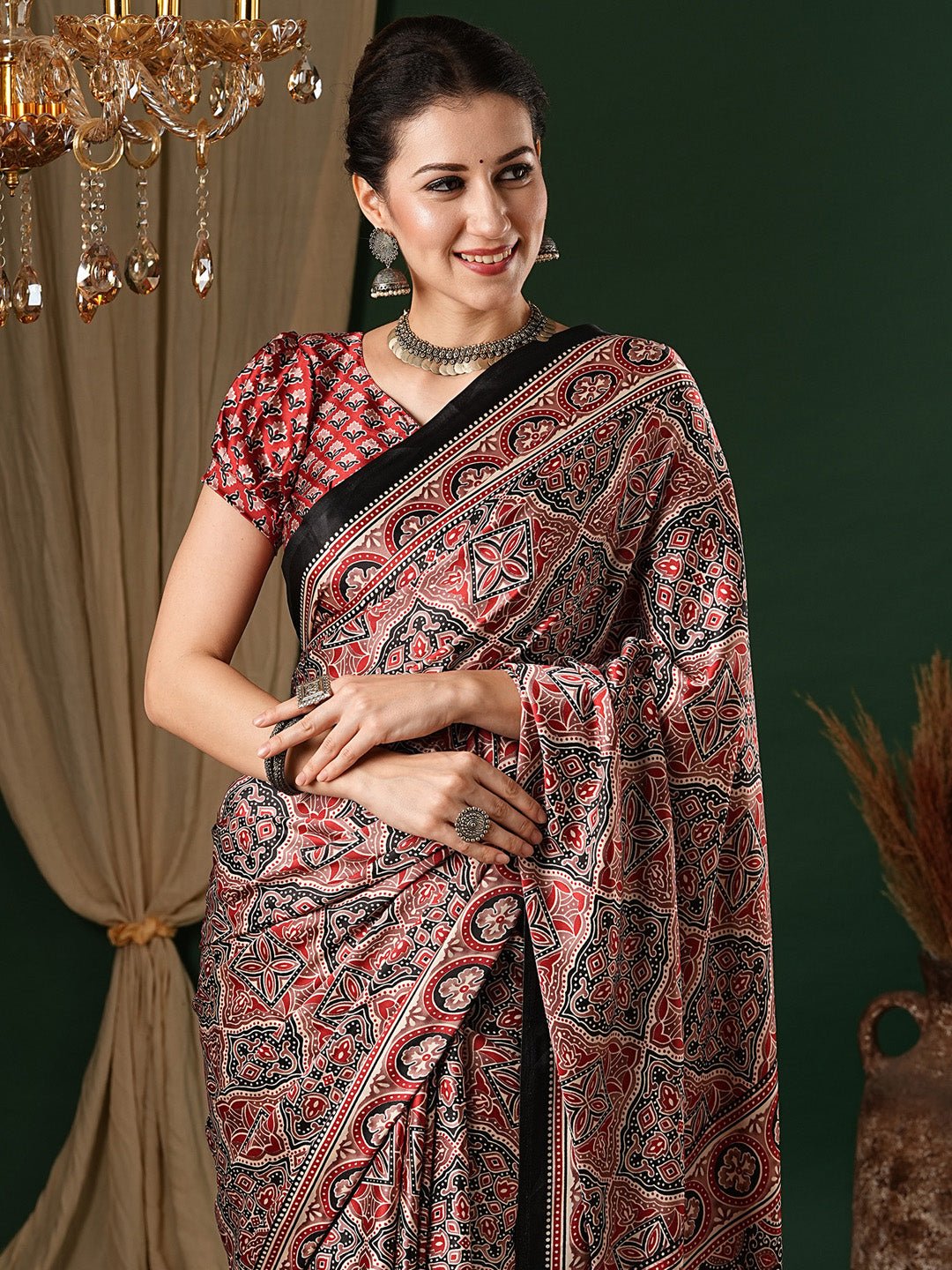 Maroon Crepe Ajrakh Block Printed Saree - Ressa