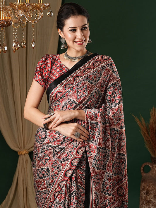 Maroon Crepe Ajrakh Block Printed Saree - Ressa