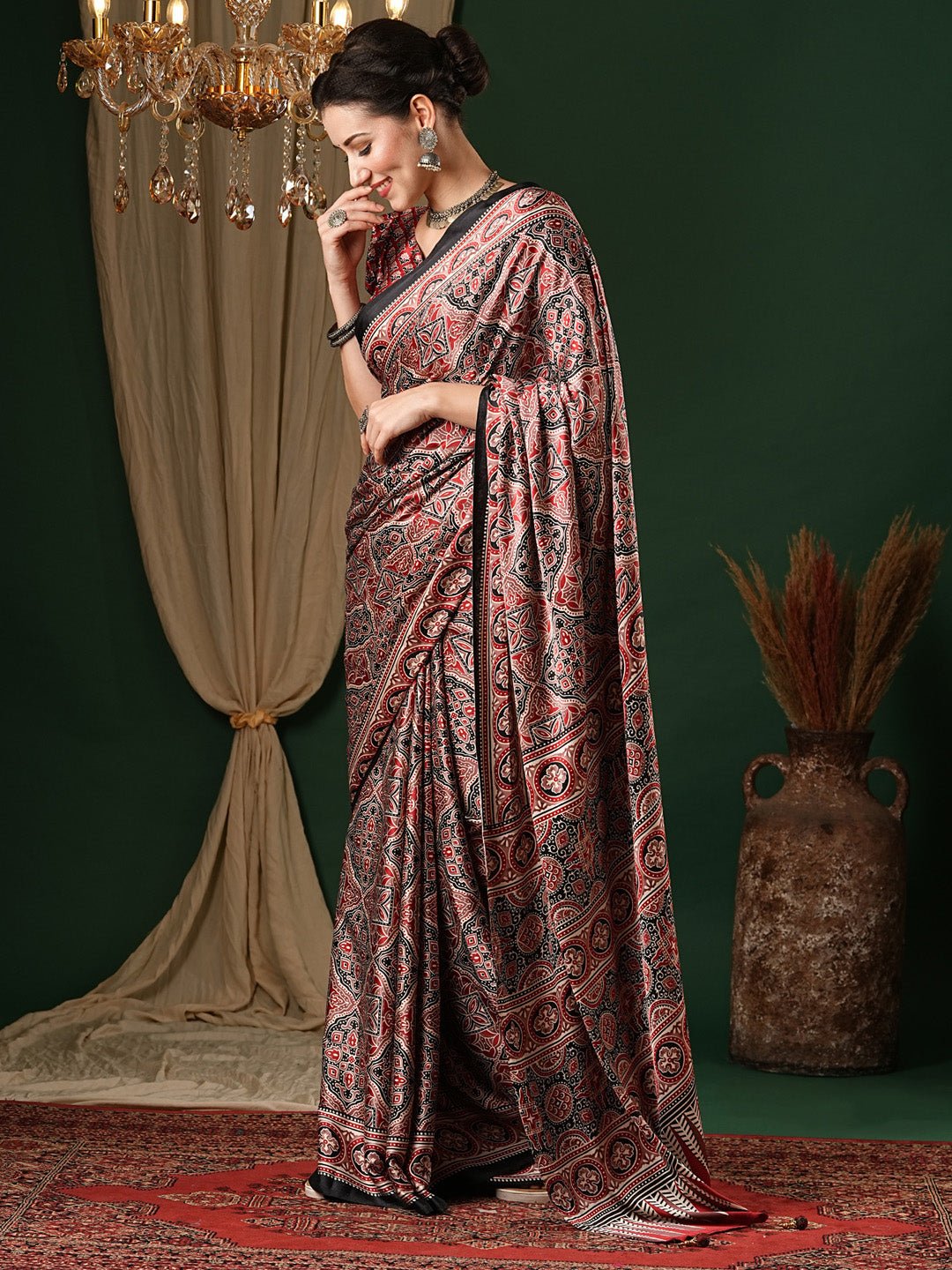 Maroon Crepe Ajrakh Block Printed Saree - Ressa