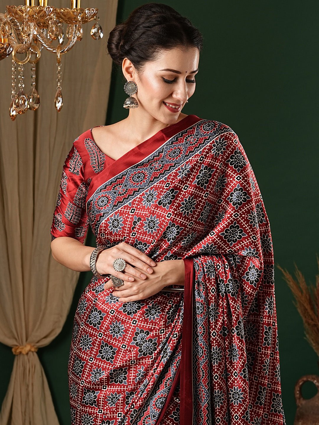 Maroon Crepe Ajrakh Block Printed Saree - Ressa