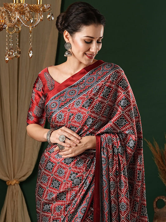 Maroon Crepe Ajrakh Block Printed Saree - Ressa