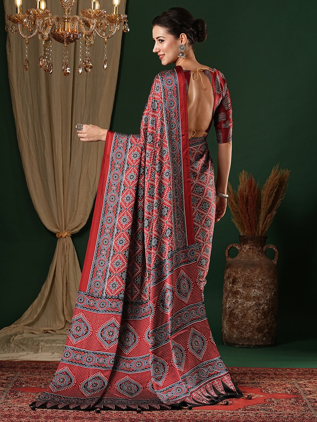 Maroon Crepe Ajrakh Block Printed Saree - Ressa