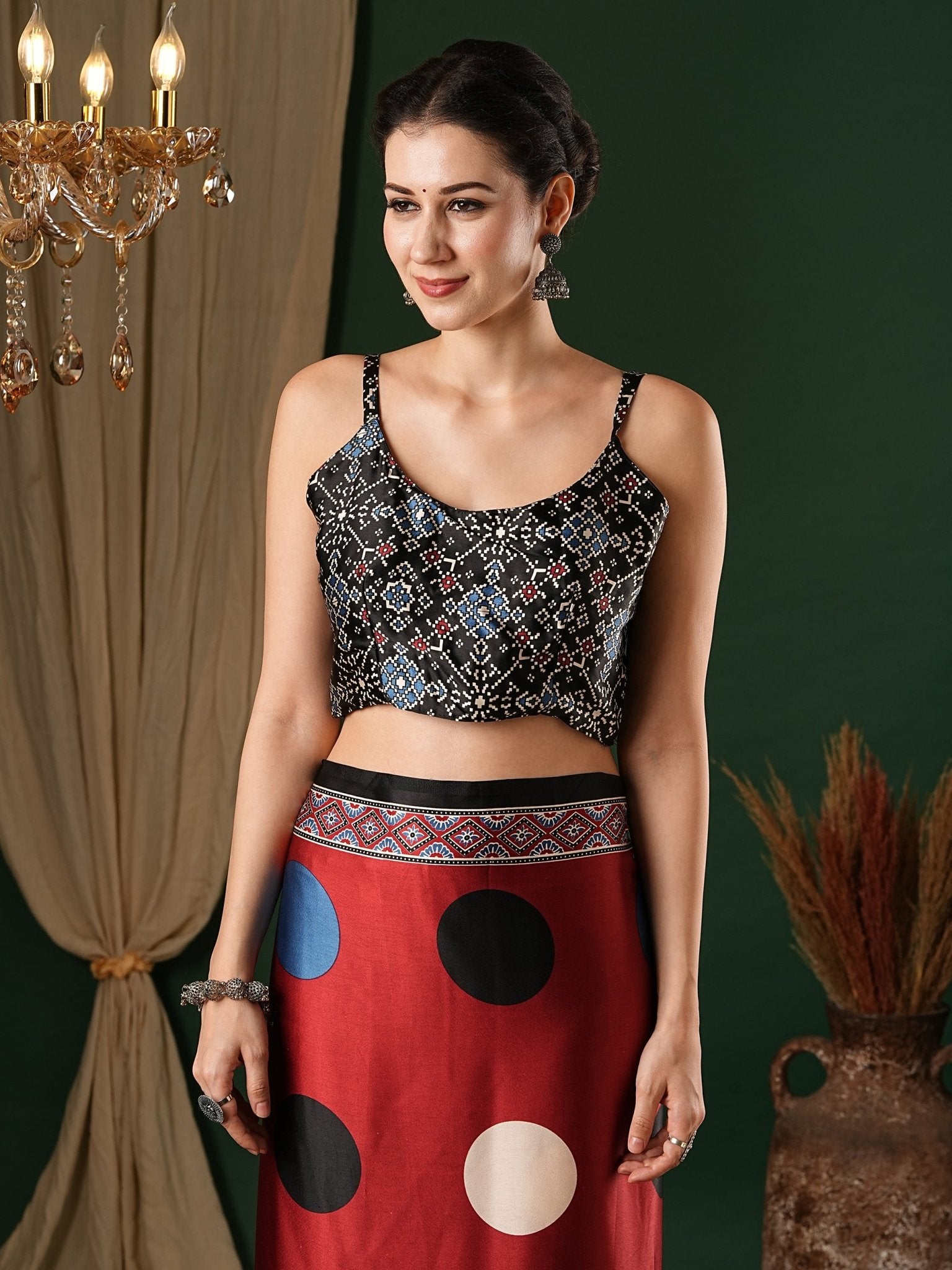 Maroon Crepe Ajrakh Block Printed Saree - Ressa