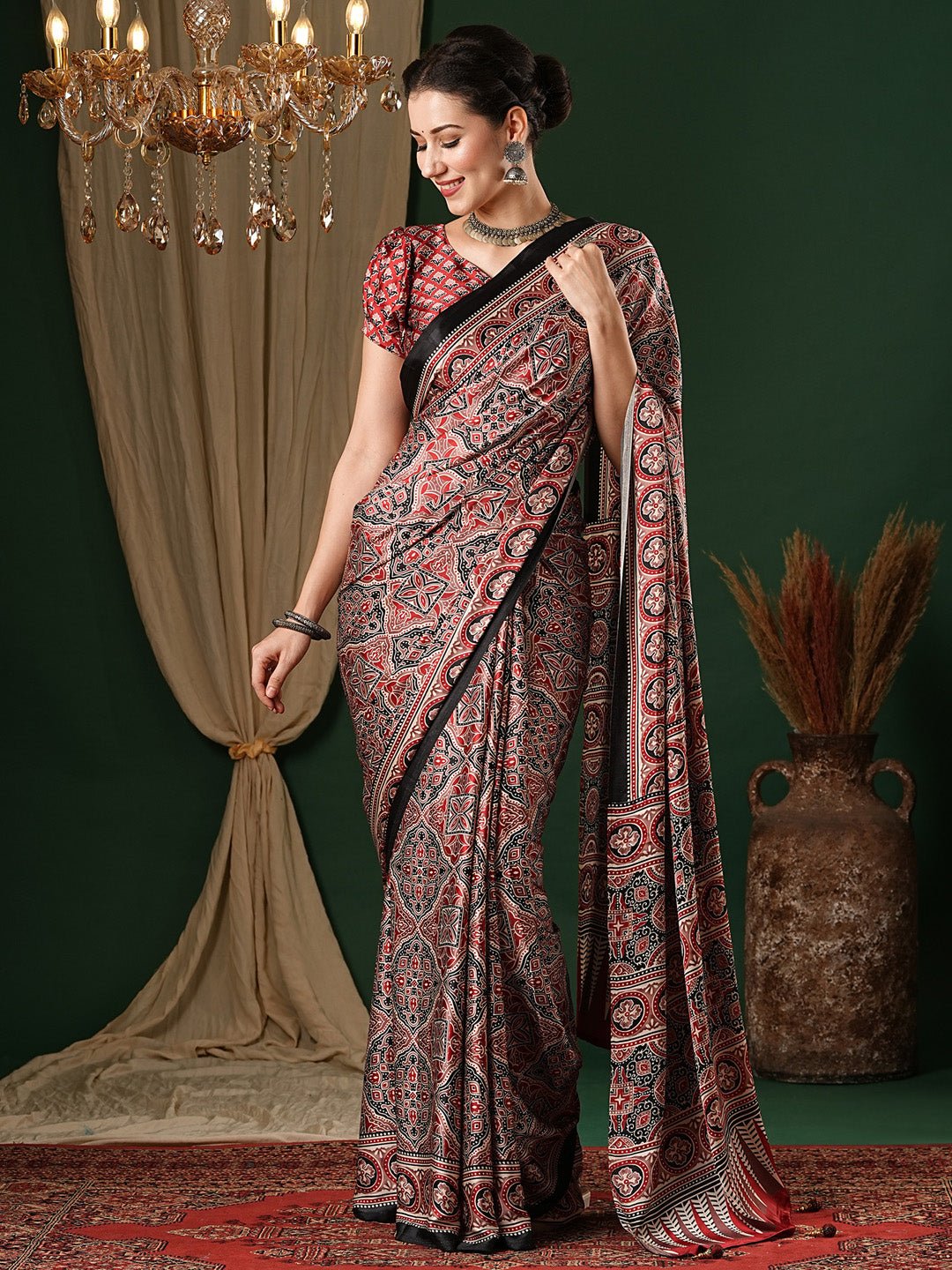 Maroon Crepe Ajrakh Block Printed Saree - Ressa