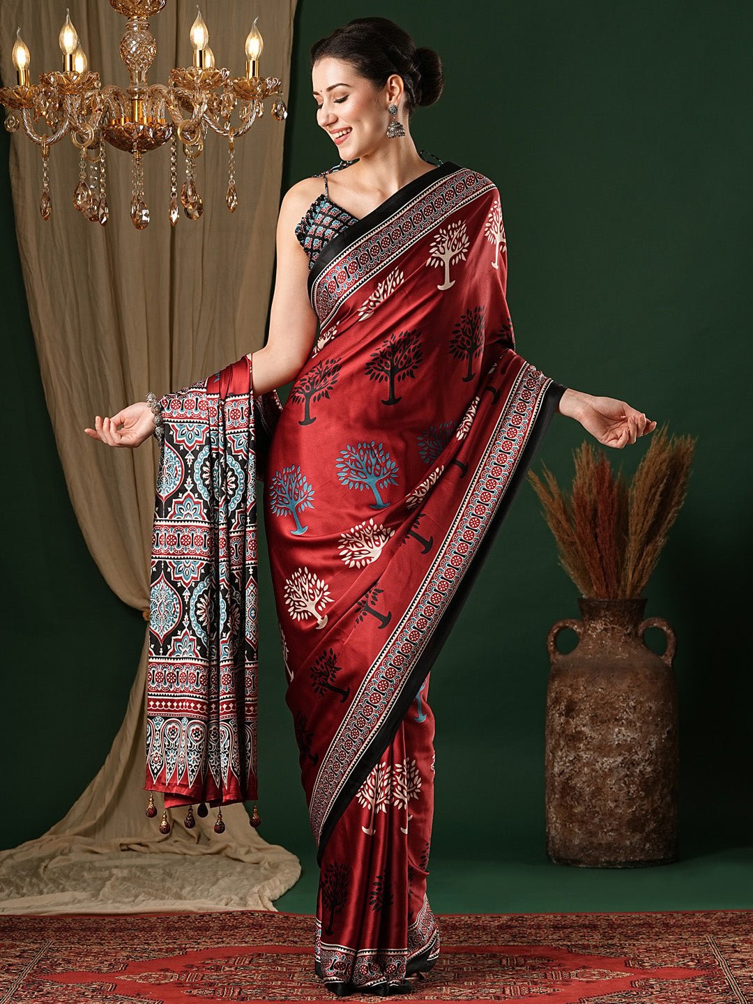 Maroon Crepe ajrakh Printed Saree - Ressa