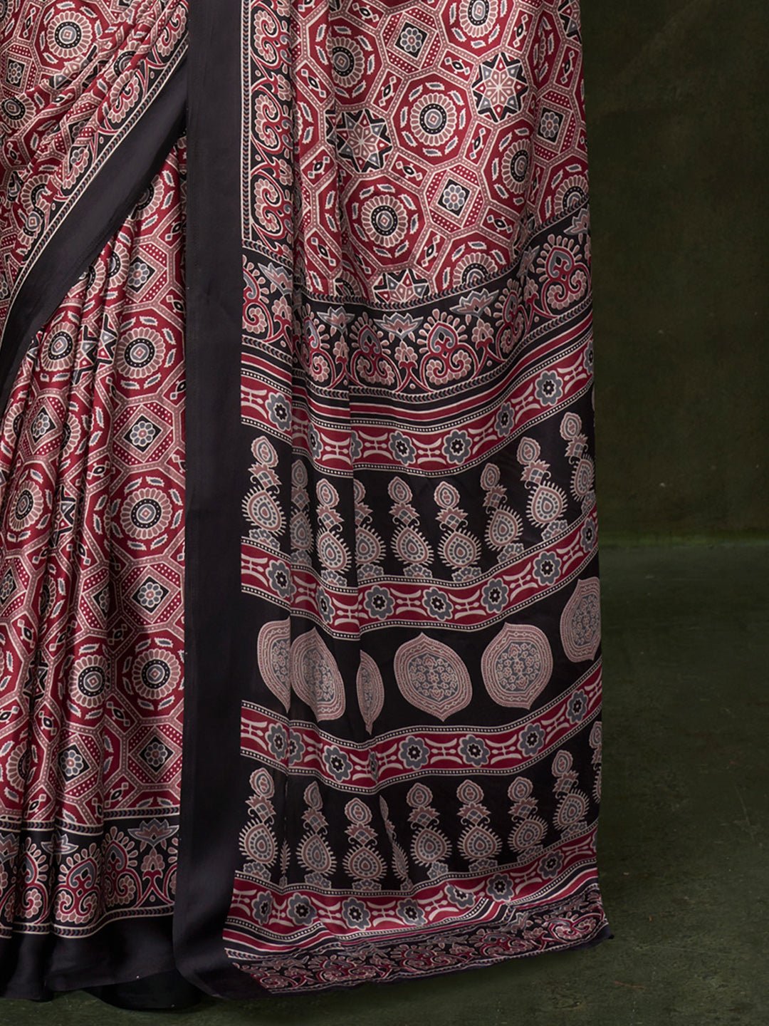 Maroon Crepe Ajrakh Printed Saree - Ressa