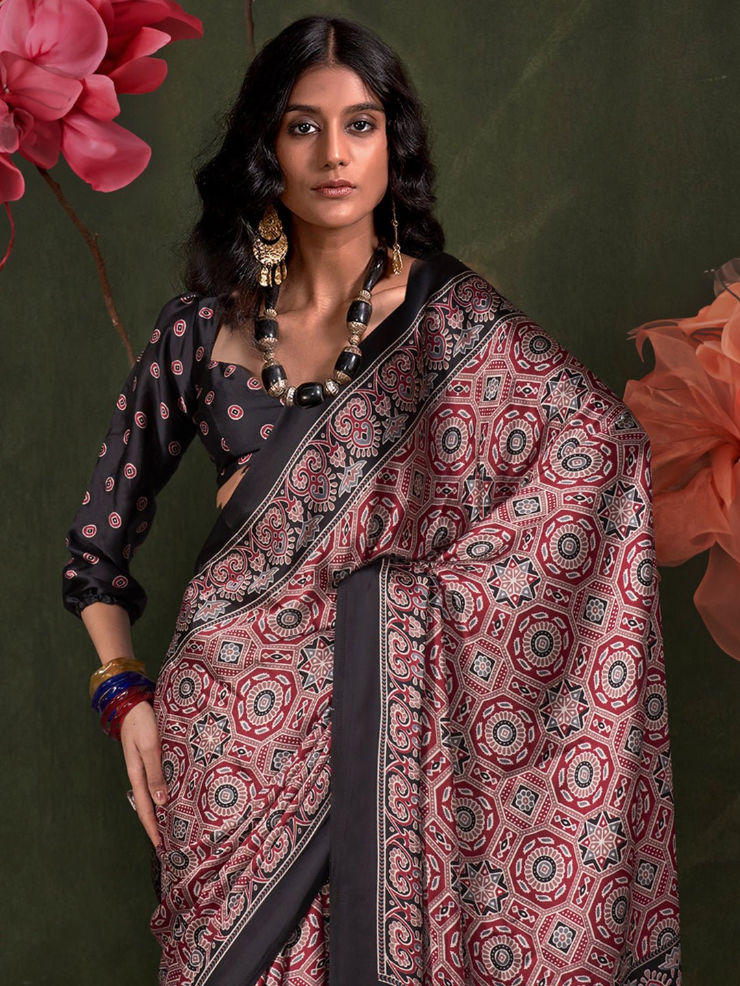 Maroon Crepe Ajrakh Printed Saree - Ressa
