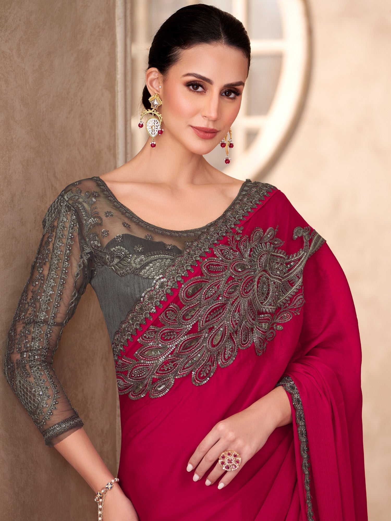 Maroon Embellished Party wear Saree - Ressa