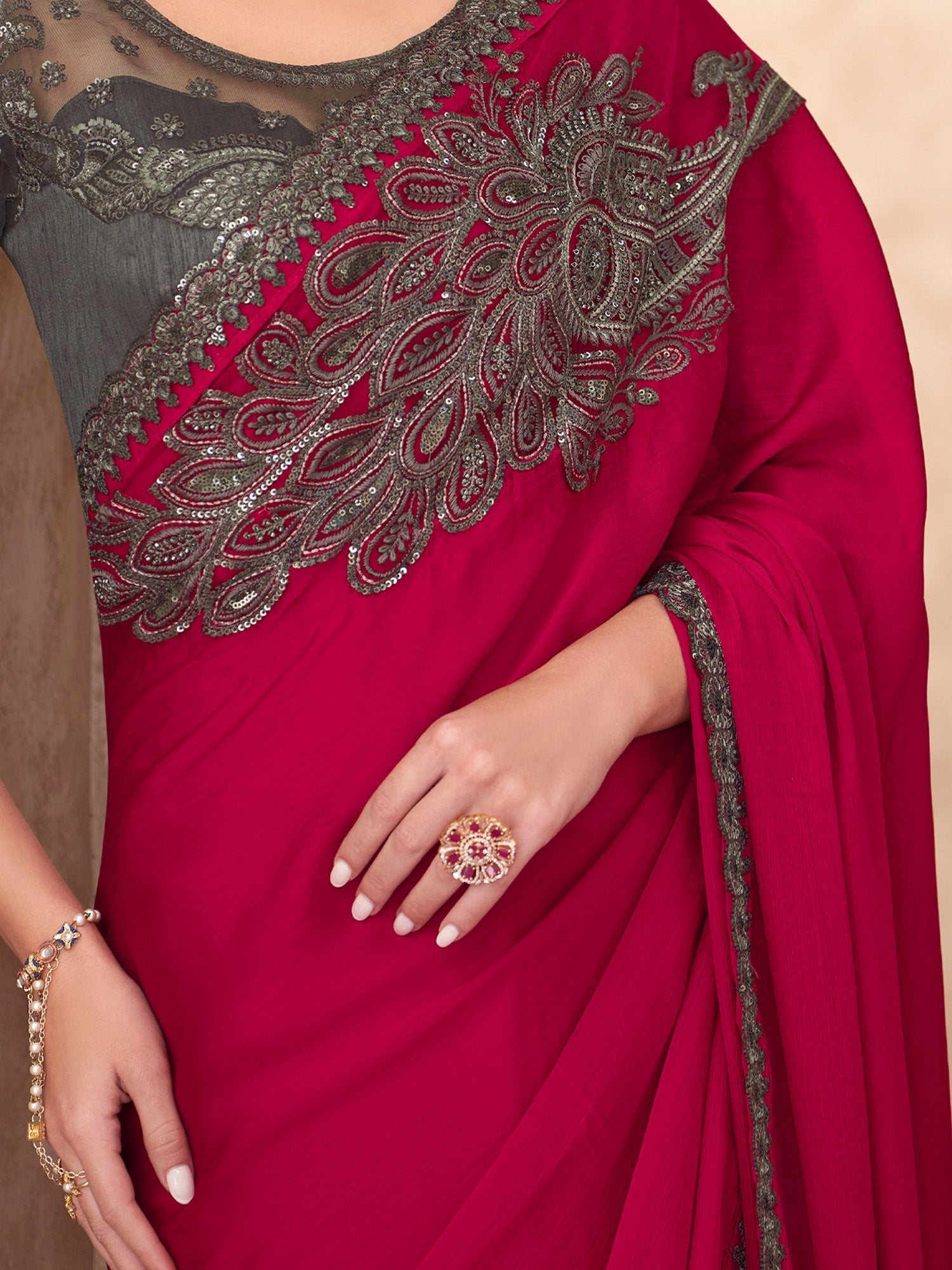 Maroon Embellished Party wear Saree - Ressa