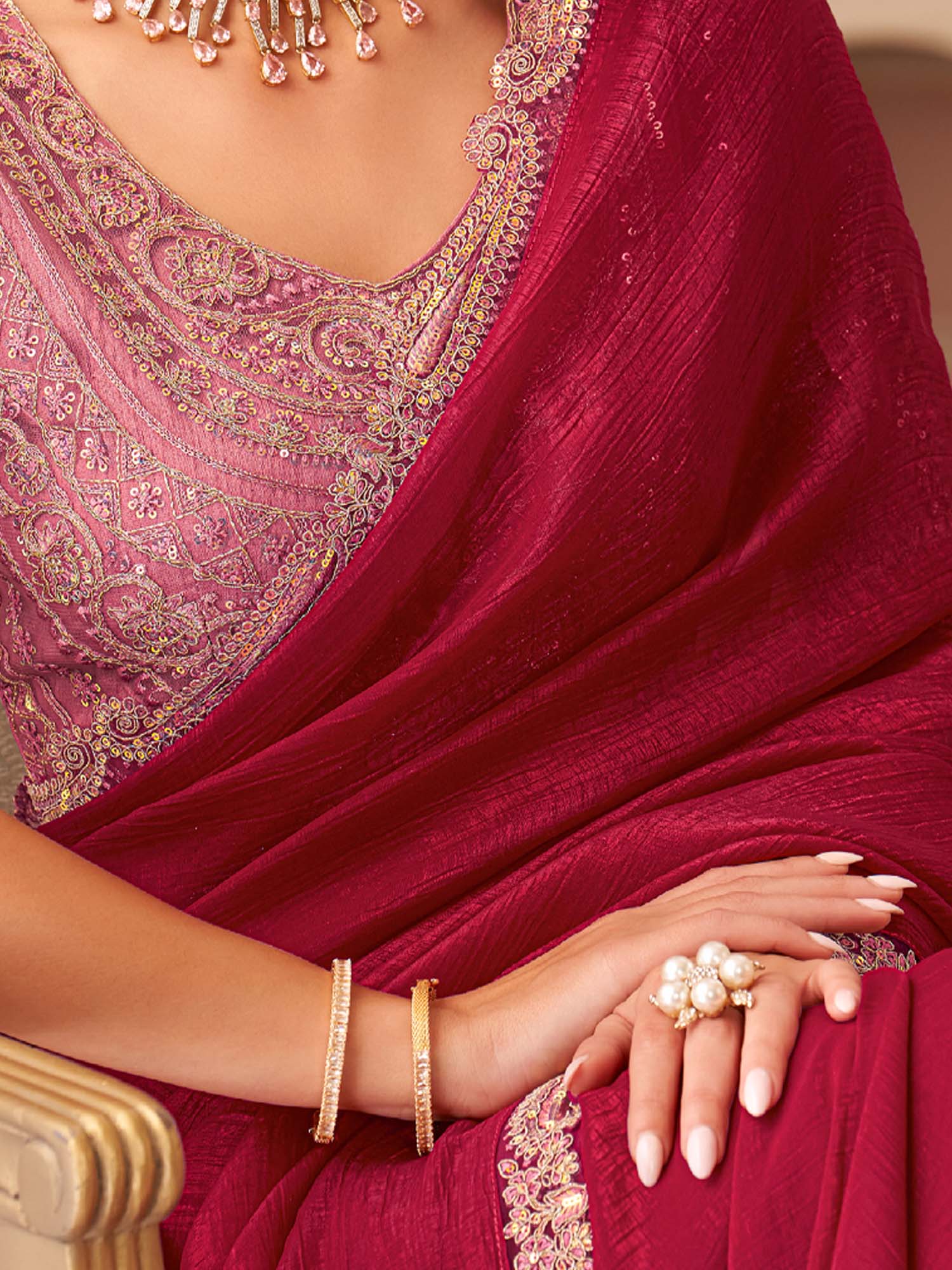 Maroon Embellished Sequinned Pure Chiffon Saree - Ressa