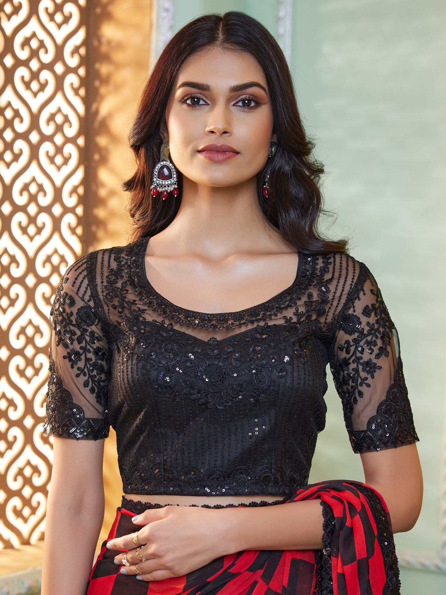 Maroon Embellished Sequinned Pure Chiffon Saree - Ressa