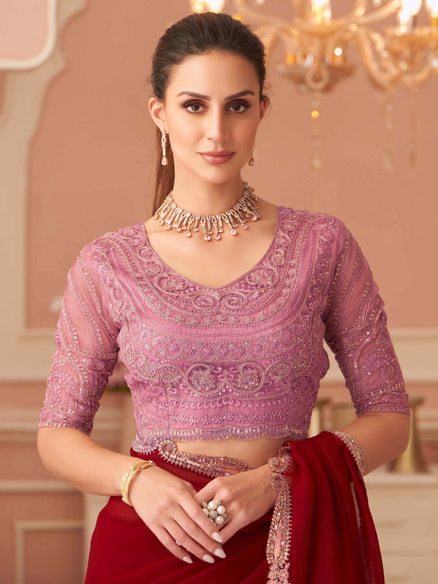 Maroon Embellished Sequinned Pure Chiffon Saree - Ressa