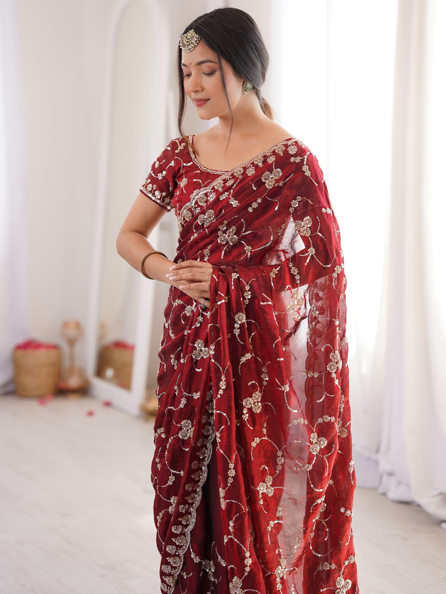 Maroon Embroidered Organza Saree with Cutwork Border - Ressa