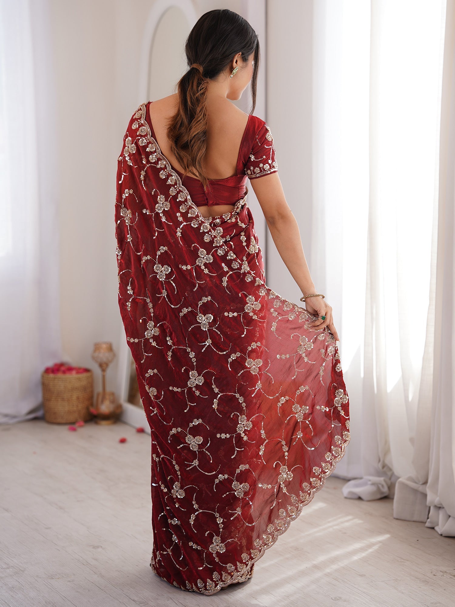 Maroon Embroidered Organza Saree with Cutwork Border - Ressa