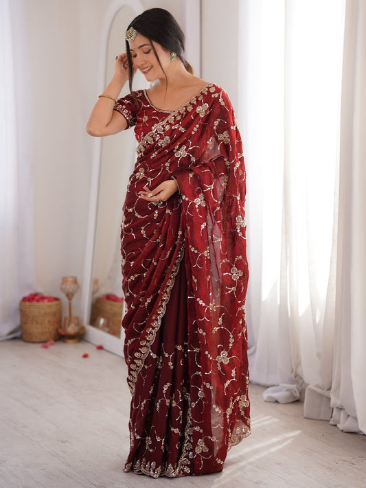 Maroon Embroidered Organza Saree with Cutwork Border - Ressa