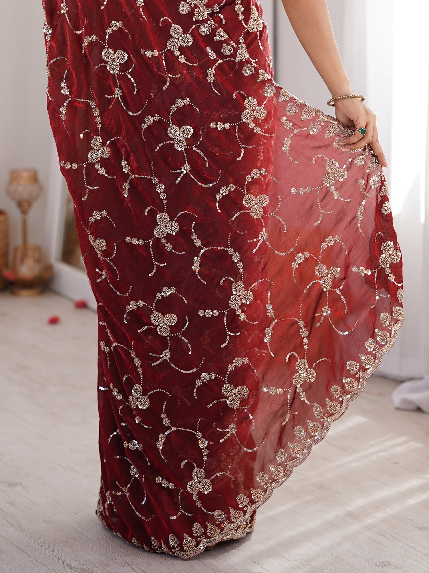 Maroon Embroidered Organza Saree with Cutwork Border - Ressa