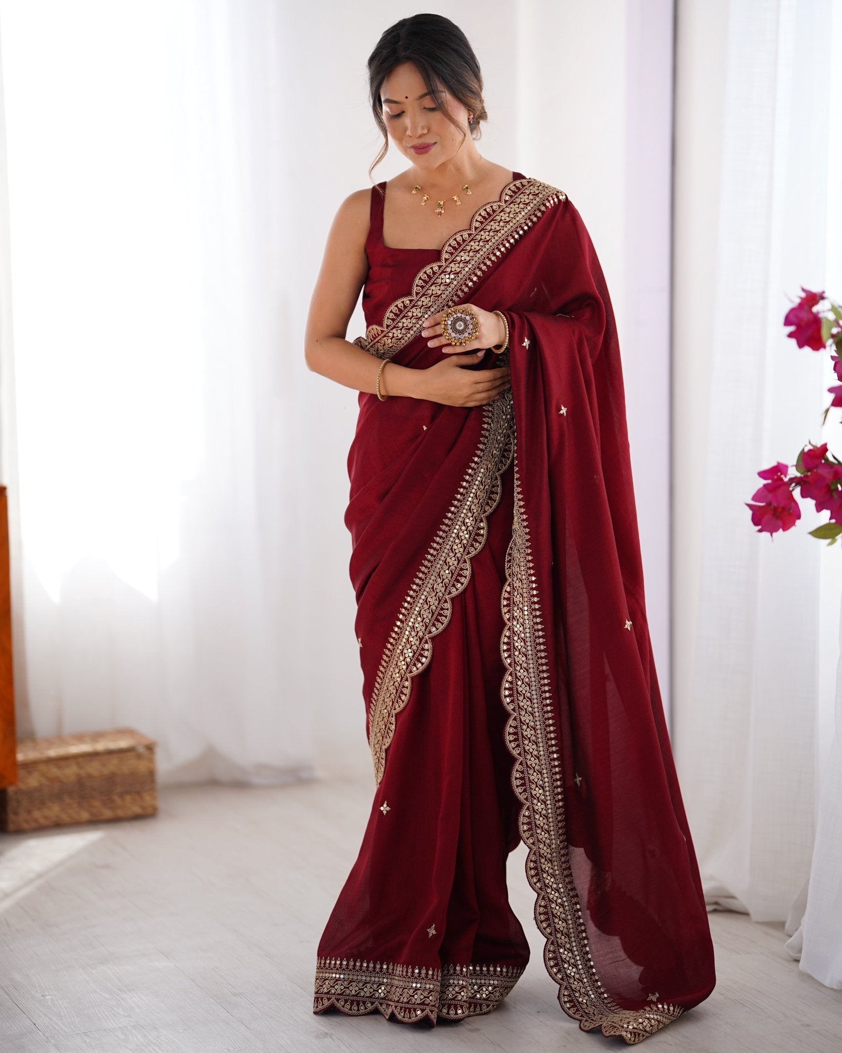 Maroon Embroidered Vichitra Silk Saree - Ressa