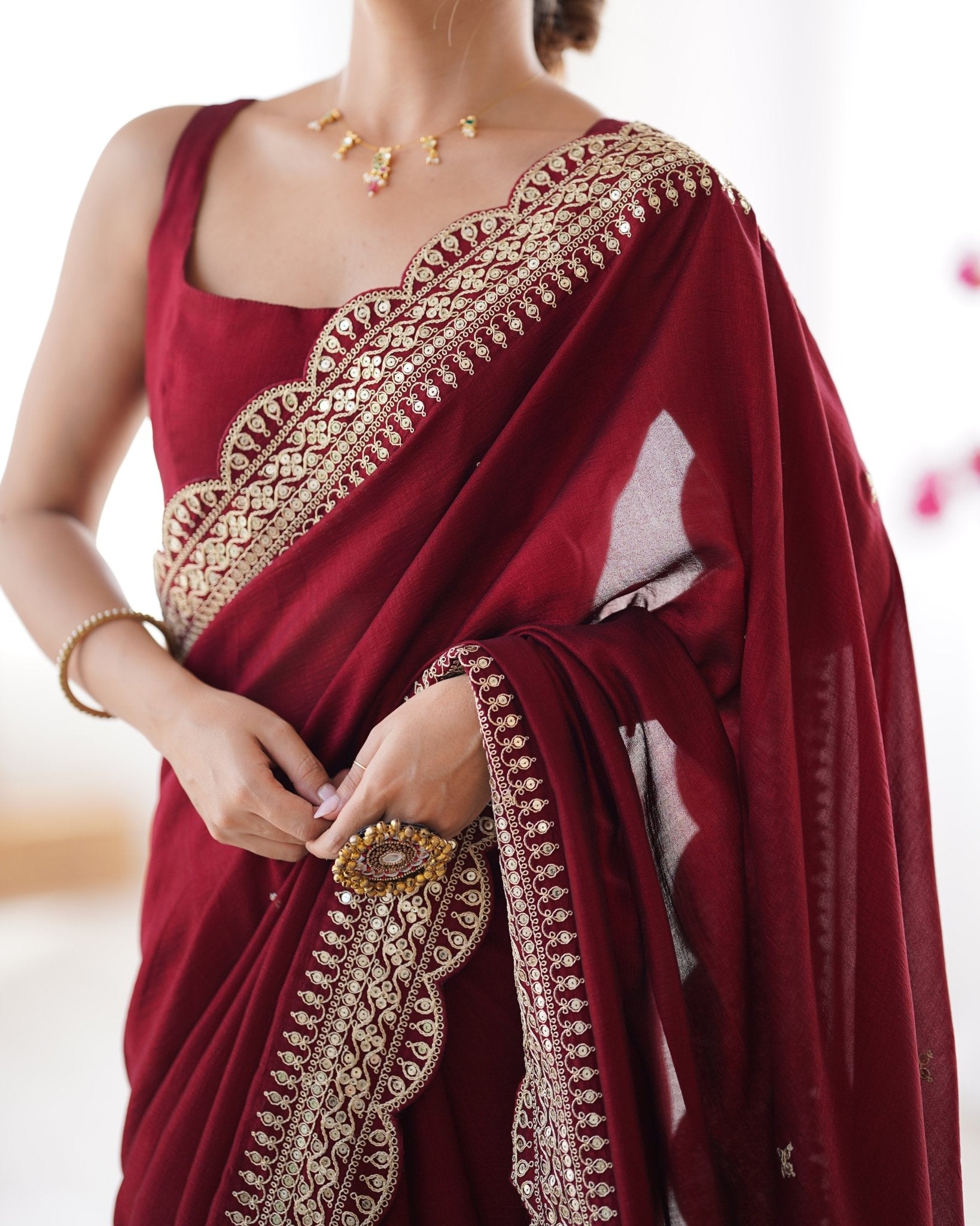Maroon Embroidered Vichitra Silk Saree - Ressa