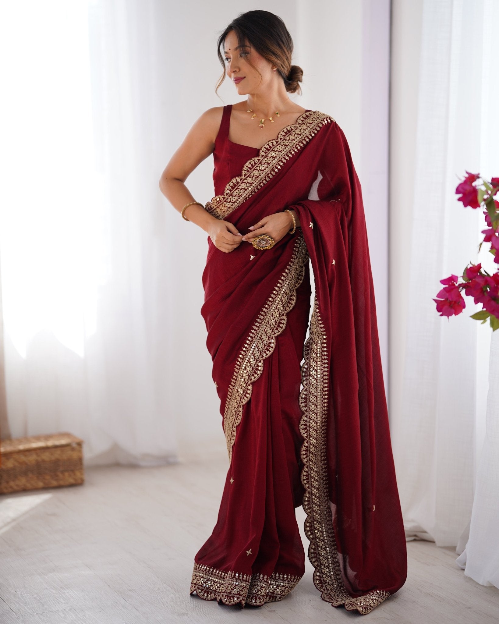 Maroon Embroidered Vichitra Silk Saree - Ressa
