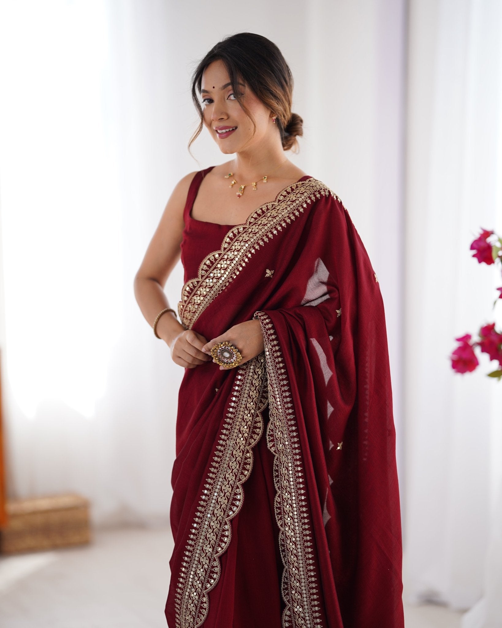 Maroon Embroidered Vichitra Silk Saree - Ressa