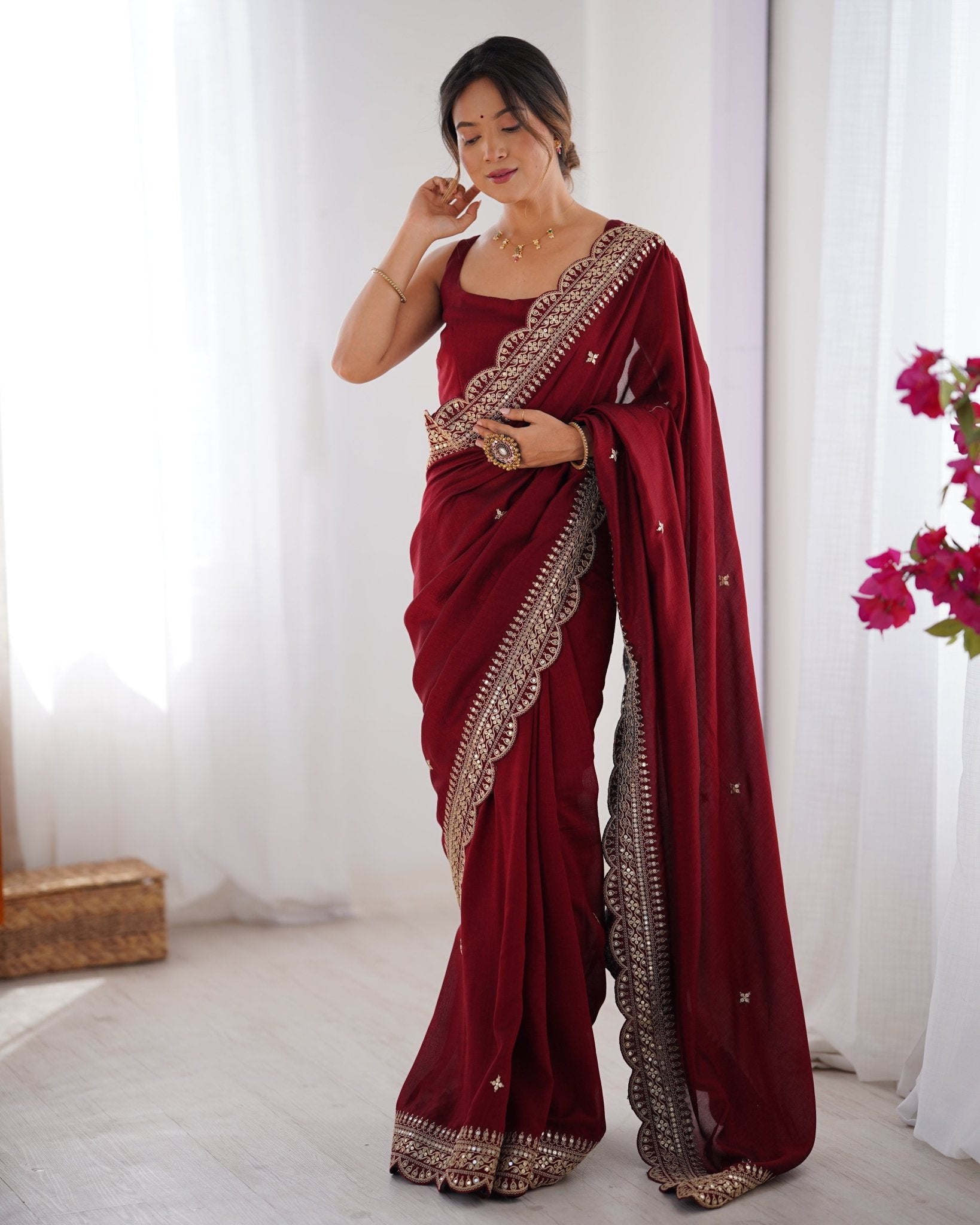 Maroon Embroidered Vichitra Silk Saree - Ressa
