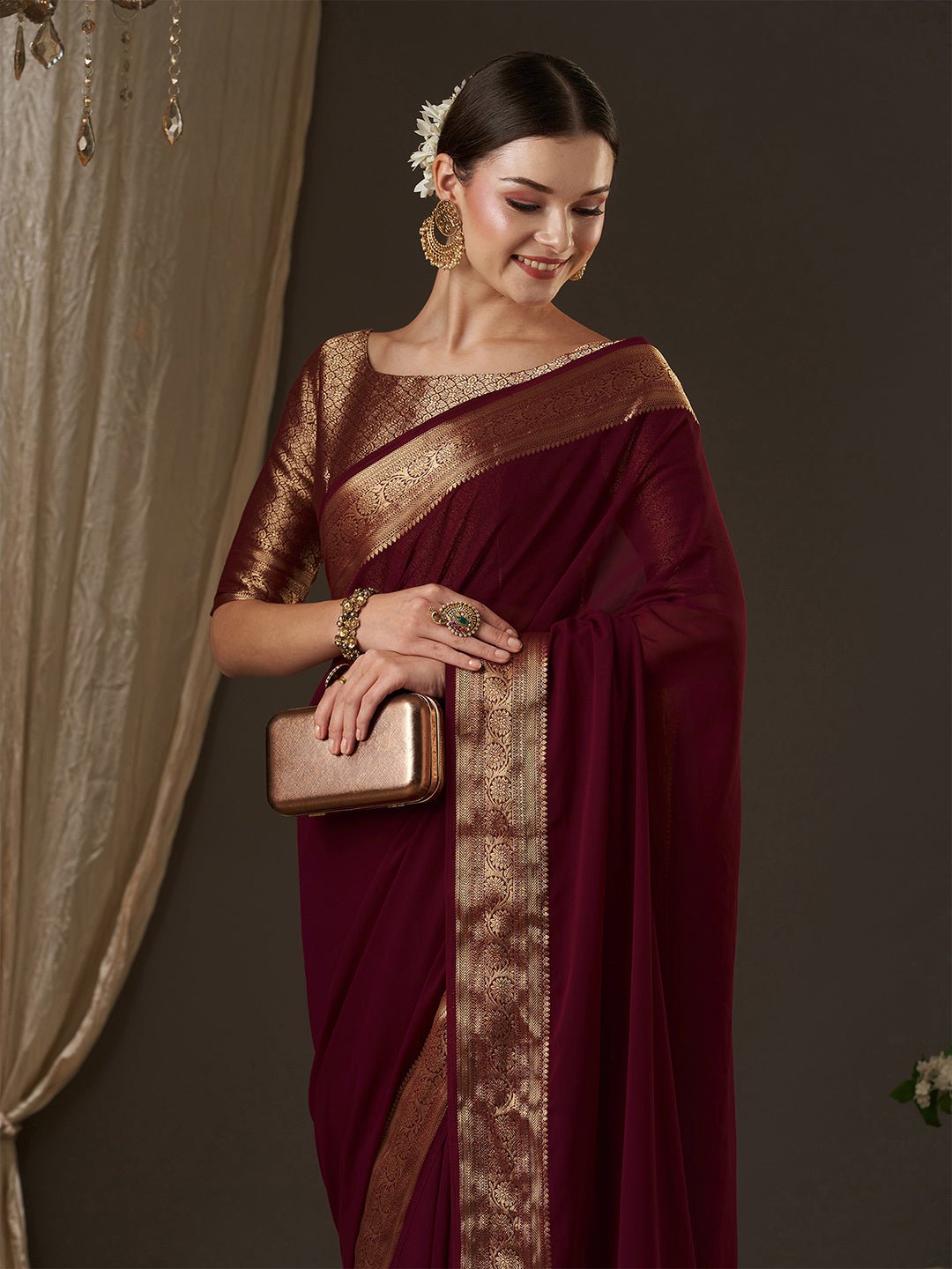 Maroon Floral Georgette Saree - Ressa