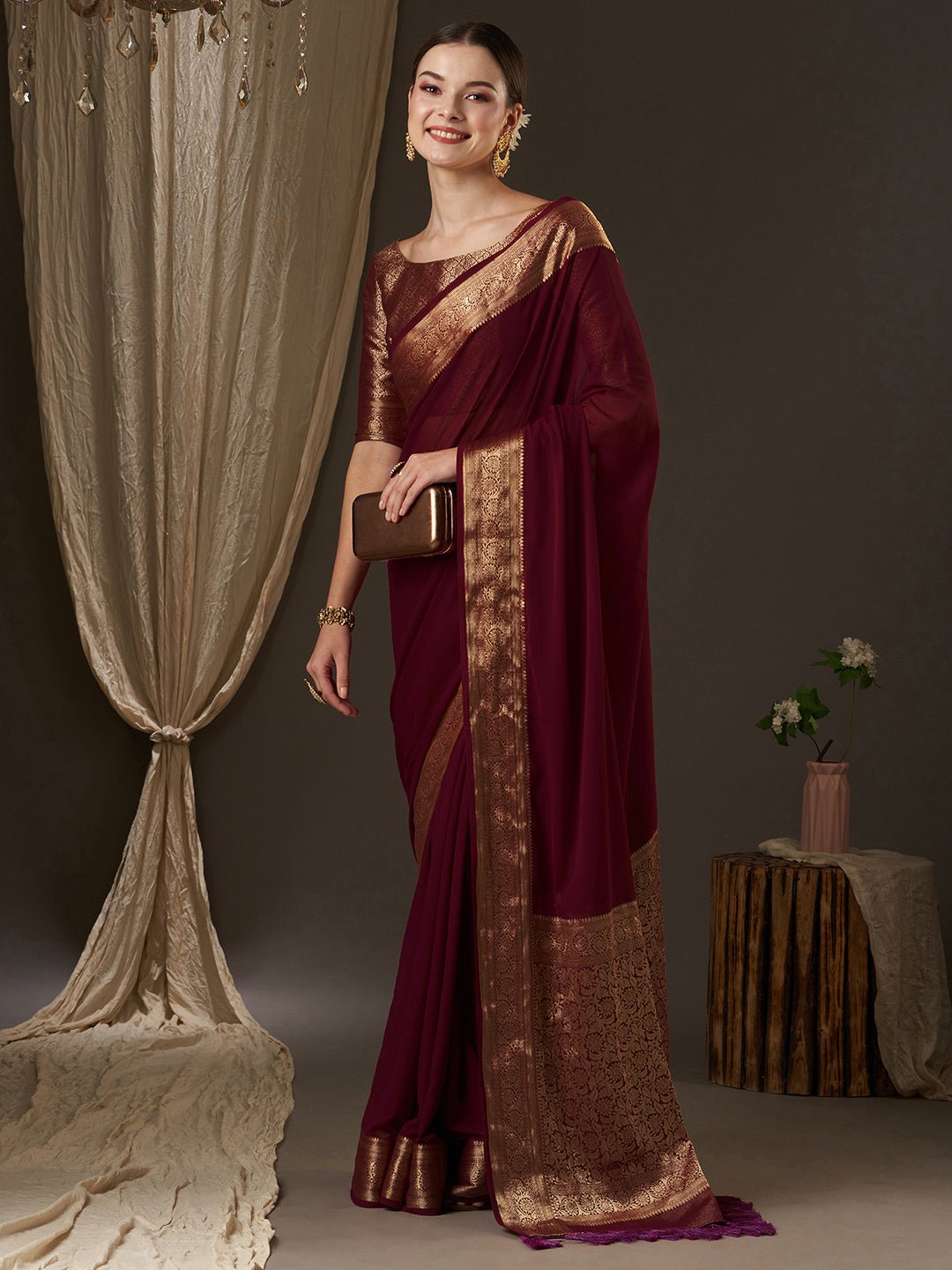 Maroon Floral Georgette Saree - Ressa