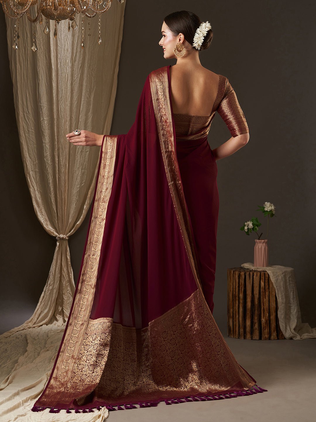 Maroon Floral Georgette Saree - Ressa