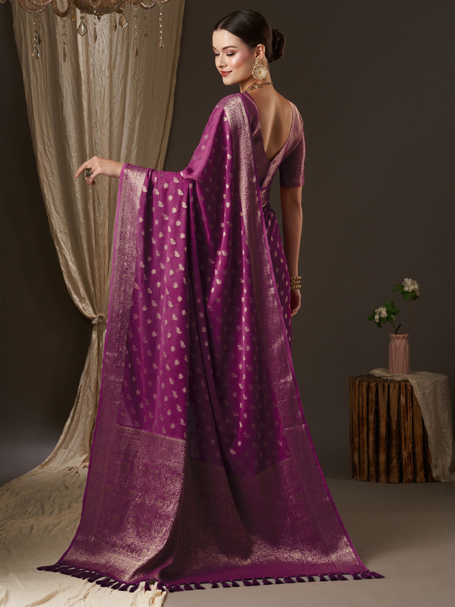 Maroon Floral Georgette Saree with Jari Border - Ressa